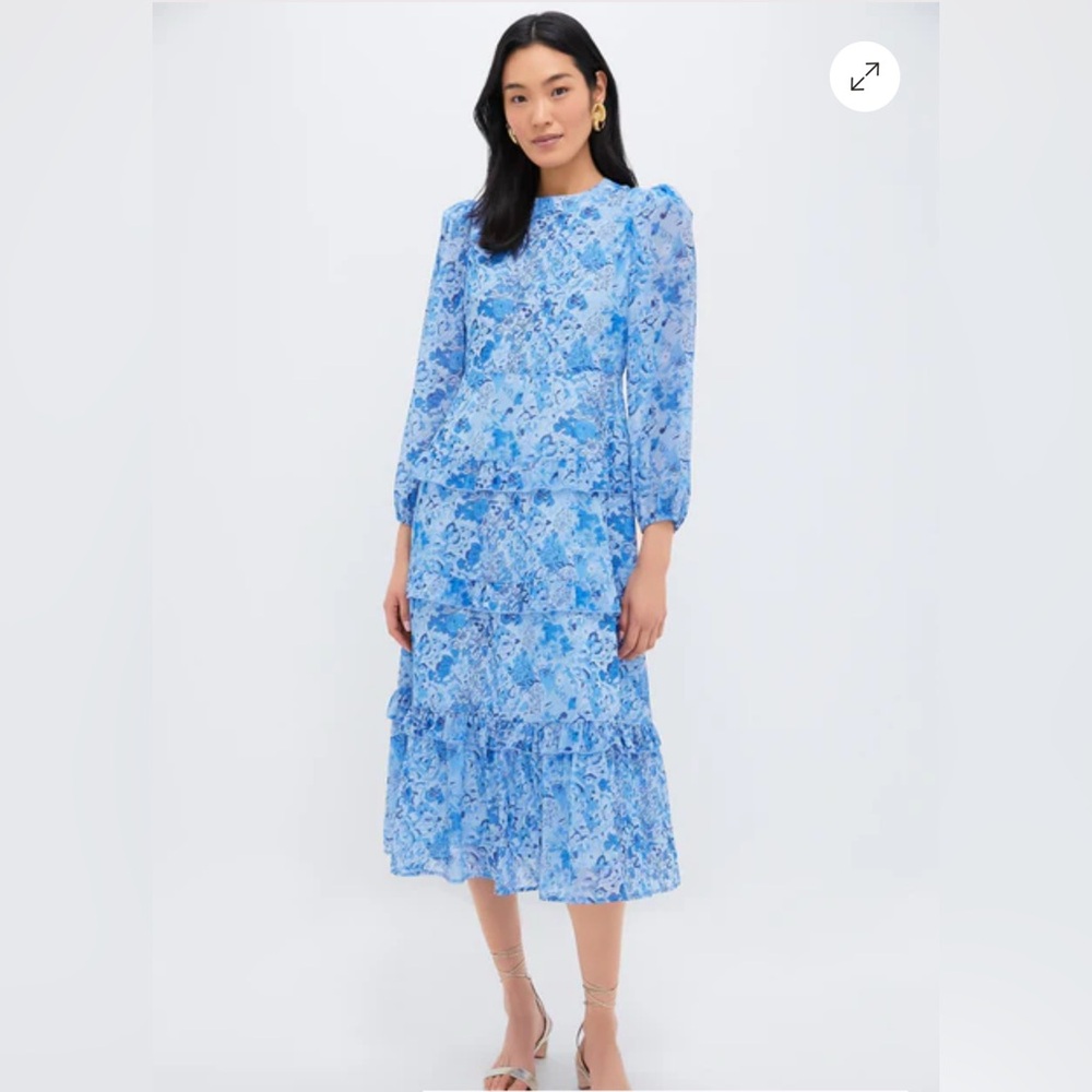 Hyacinth House Blue Multi Abstract Floral Rosalind Ruffle Midi Dress